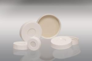 White Polypropylene Hole Caps, Bonded PTFE/Silicone Septa, Qorpak®