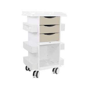 Core DX cart with almond beige drawers, sliding door, and railtop