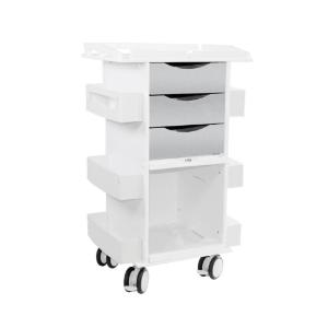 Core DX cart with metallic silver drawers, sliding door, and railtop