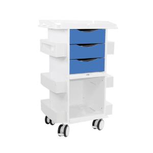Core DX cart with global blue drawers, sliding door, and railtop