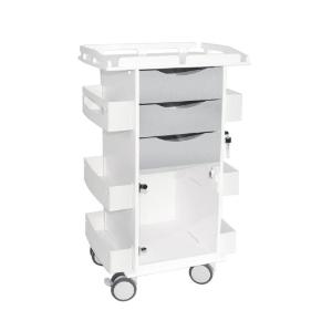 Core DX cart with metallic silver drawers, hinged door, and railtop