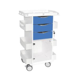 Core DX cart with global blue drawers, hinged door, and railtop