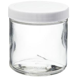 Wide-mouth short-profile clear glass jars with closure