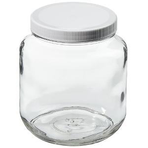 Wide-mouth short-profile clear glass jars with closure