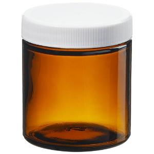 Wide-mouth short-profile amber glass jars with closure