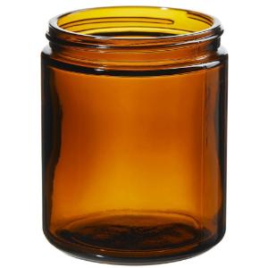 Wide-mouth short-profile amber glass jars with closure