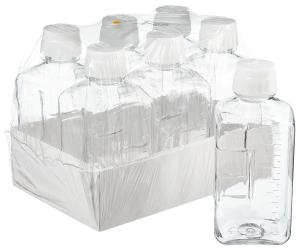 Square PETG media bottles with closure non sterile, shrink-wrapped trays