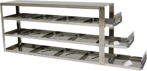 Storage of 3" fiberboard boxes in sliding drawer racks for upright freezers