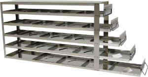 Storage of 2" fiberboard boxes in sliding drawer racks for upright freezers