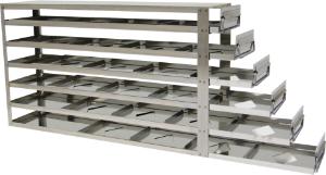 Storage of 2" fiberboard boxes in sliding drawer racks for upright freezers