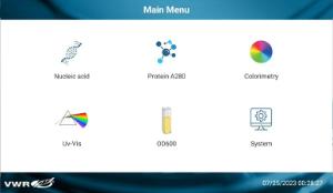 Nano spectrophotometer, main menu interface