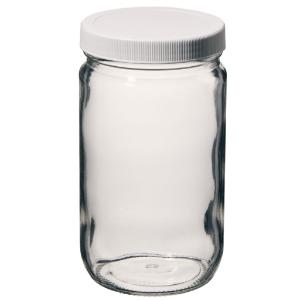 Wide-mouth tall-profile clear glass jars with PTFE-lined closure