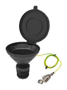 Funnel with lid "MARCO", V2.0, double thread R2" BSP/G2" (m) + 2"-Tri-Sure (m), PE-HD electrostatic conductive, with removable sieve and earthing cable, funnel-diameter = 140 mm
