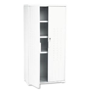 Officeworks cabinet, 1 fixed/2 adjustable shelves, 33×18×66, platinum