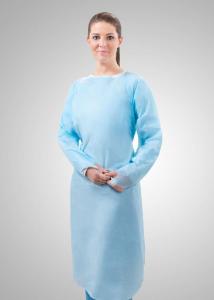 Fluid-impervious over-the-head gown with impervious film and thumb hooks