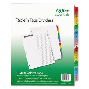 Avery office essentials table n tabs dividers, 31 multicolor tabs, 1-31, letter, set