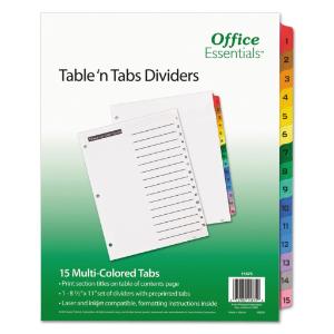 Avery office essentials table n tabs dividers, 15 multicolor tabs, 1-15, letter, set