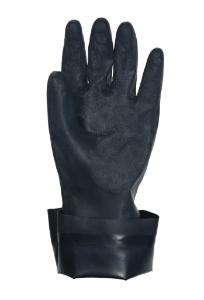 Showing cuff style and internal surface of the alphatec 53-002, black, neoprene, raised diamond, gauntlet, unsupported construction, chemical protection gloves