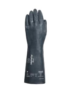 Straight front side of the alphatec 53-002, black, neoprene, raised diamond, gauntlet, unsupported construction, chemical protection gloves