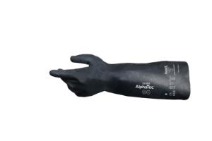 Front side of the alphatec 53-002, black, neoprene, raised diamond, gauntlet, unsupported construction, chemical protection gloves