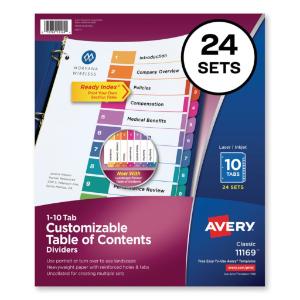 Avery ready index table/contents dividers, 10-tab, 1-10, letter, assorted, 24 sets/box