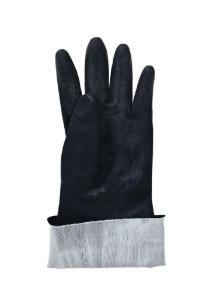 Showing cuff style and internal surface of the alphatec 53-003, black, neoprene, raised diamond, gauntlet, supported construction, chemical protection gloves