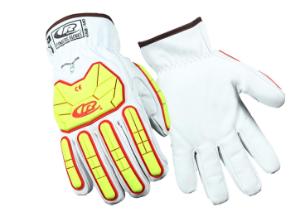 Both sides, top and palm, of the ringers R668, white, goatskin leather, cut & swen, slip-on, impact glove