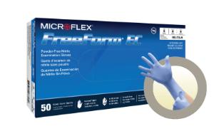 Nitrile exam glove with textured fingertips and extended cuff, box with glove