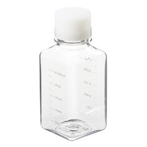 Square PET media bottles with closure sterile, shrink-wrapped trays