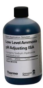 pH adjusting ionic strength adjustor buffer solution for ammonia ion selective electrode, low level, dark blue liquid