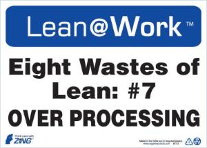 ZING Green Safety Lean at Work Sign, Eight Wastes Over Process