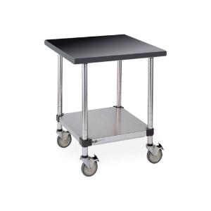 Stationary stainless worktable with black phenolic top and solid hd shelf