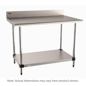 Stationary stainless worktable with stainless backsplash top and solid hd shelf