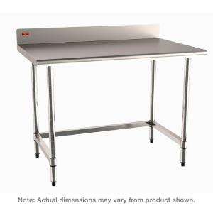 Stationary stainless worktable with stainless backsplash top and 3-sided frame