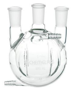 Flasks, Heavy Wall, Round Bottom, 3-Necks, Jacketed, Morton Indents, Chemglass
