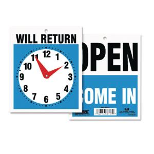 Double-Sided Open/Will Return Sign with Clock Hands, Headline Sign