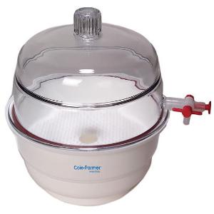 Vacuum desiccator with polycarbonate cover and polypropylene base