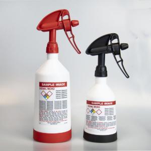 Dual action chemical resistant GHS labeled spray bottle HCL labels