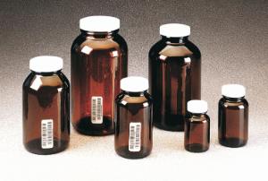 Wide-mouth tall-profile amber glass jars with ptfe-lined closures