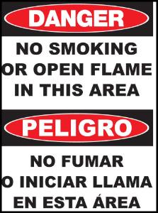 ZING Green Safety Eco Safety Sign Bilingual, DANGER, No Smoking Or Open Flame In This Area No Fumar O Iniciar Llama En Esta Area