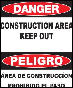 ZING Green Safety Eco Safety Sign Bilingual, DANGER, Constuction Area Keep Out Area De Construccion Prohibido El Paso