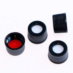 Pre-assembled black polypropylene screw cap with PTFE/silicone septa, 100/pk, 10 mm