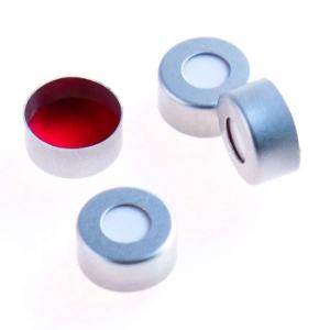Pre-assembled silver aluminum crimp cap with PTFE/silicone (red/white) septa, 100/pk, 11 mm