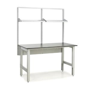 VWR 4-leg lab bench with phenolic top, double bay uprights, 2 shelves