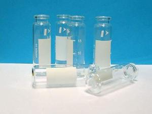 Clear glass crimp top vial with write-on patch, 20 ml