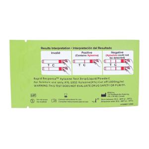 Rapid Response™ Xylazine test strip results interpretation on the back of the pouch