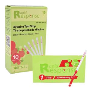 Rapid Response™ Xylazine test strip kit box with test strip and pouch