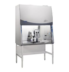 Purifier Cell Logic+ Class II Type A2 Biosafety Cabinet on Stand, Shown with Microscope