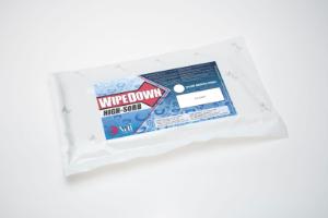 WipeDown high sorb dry qipe, high sorbancy laundered polyester, laser cut sealed edge, low particulate, low extractable, 12×12, 20/pk