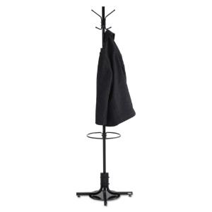 Safco costumer w/umbrella holder, four ball-tipped double-hooks, metal, black